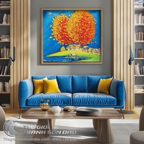 Tranh Sơn Dầu Phong Cảnh Cây Đắp Nổi Màu Cam