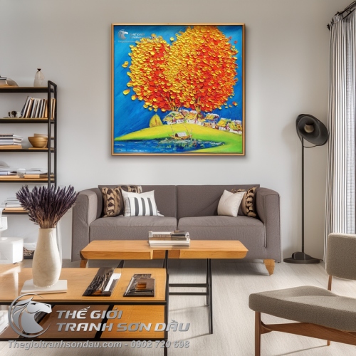 Tranh Sơn Dầu Phong Cảnh Cây Đắp Nổi Màu Cam