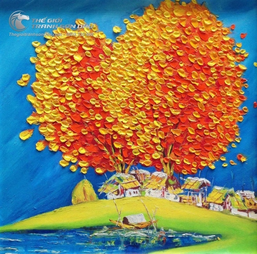 Tranh Sơn Dầu Phong Cảnh Cây Đắp Nổi Màu Cam