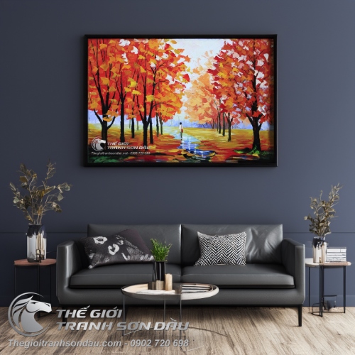 Tranh Sơn Dầu Phong Cảnh Cây Lá Đỏ Vẽ Dày Màu