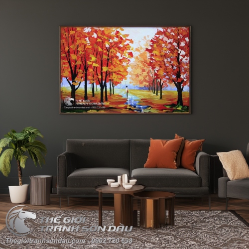 Tranh Sơn Dầu Phong Cảnh Cây Lá Đỏ Vẽ Dày Màu