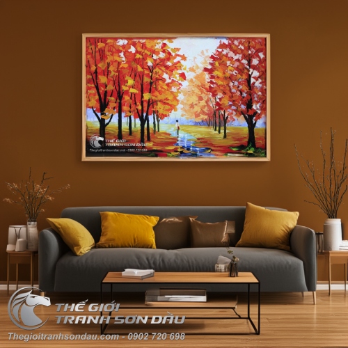 Tranh Sơn Dầu Phong Cảnh Cây Lá Đỏ Vẽ Dày Màu