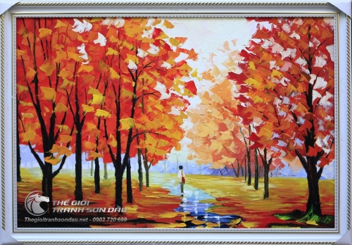 Tranh Sơn Dầu Phong Cảnh Cây Lá Đỏ Vẽ Dày Màu
