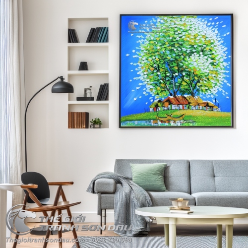 Tranh Sơn Dầu Phong Cảnh Cây Xanh Lá Vẽ Dày Kiểu Hiện Đại