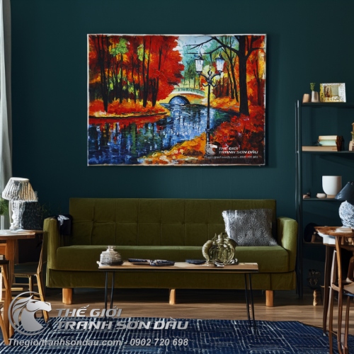 Tranh Sơn Dầu Phong Cảnh Dòng Sông Xanh Vẽ Dày Màu