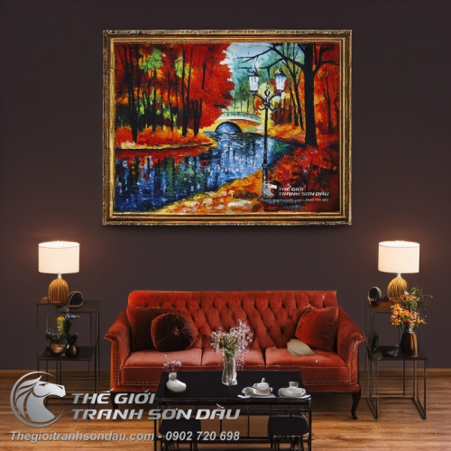 Tranh Sơn Dầu Phong Cảnh Dòng Sông Xanh Vẽ Dày Màu