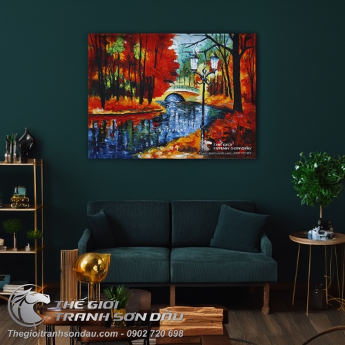 Tranh Sơn Dầu Phong Cảnh Dòng Sông Xanh Vẽ Dày Màu