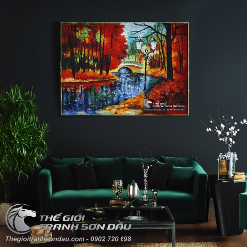Tranh Sơn Dầu Phong Cảnh Dòng Sông Xanh Vẽ Dày Màu