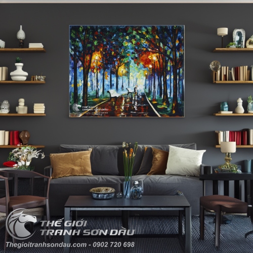 Tranh Sơn Dầu Phong Cảnh Hàng Cây Ghế Đá Vẽ Dày Màu