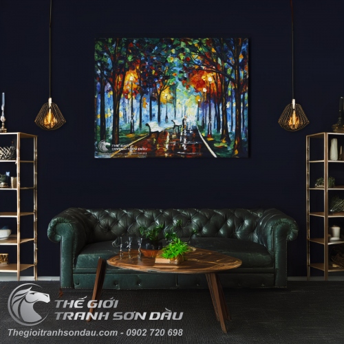 Tranh Sơn Dầu Phong Cảnh Hàng Cây Ghế Đá Vẽ Dày Màu