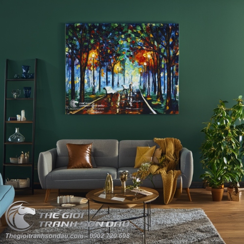 Tranh Sơn Dầu Phong Cảnh Hàng Cây Ghế Đá Vẽ Dày Màu
