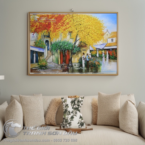 Tranh Sơn Dầu Phong Cảnh Phố Cổ Lá Vàng