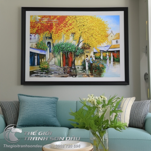Tranh Sơn Dầu Phong Cảnh Phố Cổ Lá Vàng