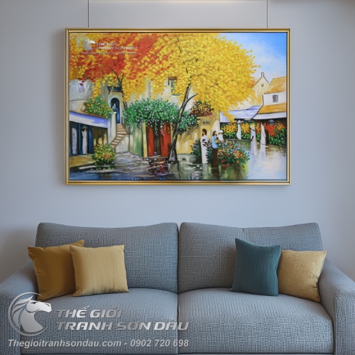 Tranh Sơn Dầu Phong Cảnh Phố Cổ Lá Vàng