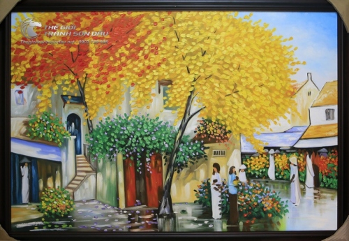 Tranh Sơn Dầu Phong Cảnh Phố Cổ Lá Vàng