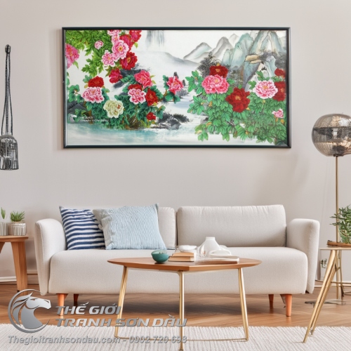 Tranh Sơn Dầu Phong Cảnh Thủy Mặc Vườn Hoa Mẫu Đơn