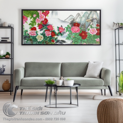 Tranh Sơn Dầu Phong Cảnh Thủy Mặc Vườn Hoa Mẫu Đơn