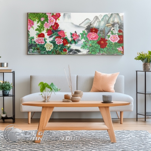 Tranh Sơn Dầu Phong Cảnh Thủy Mặc Vườn Hoa Mẫu Đơn