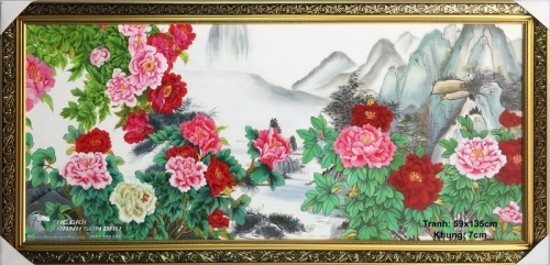 Tranh Sơn Dầu Phong Cảnh Thủy Mặc Vườn Hoa Mẫu Đơn