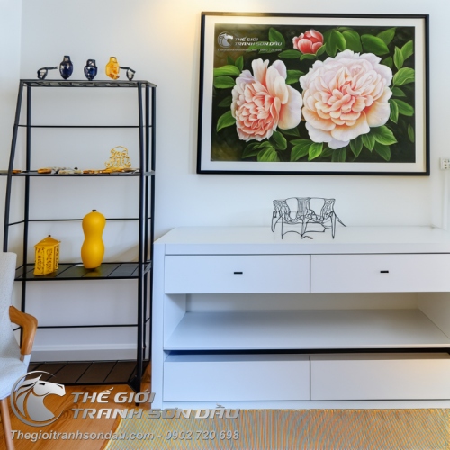 Tranh Sơn Dầu Phong Thủy Ba Bông Hoa Mẫu Đơn