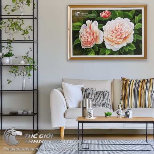 Tranh Sơn Dầu Phong Thủy Ba Bông Hoa Mẫu Đơn