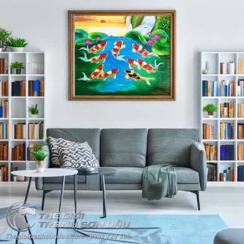Tranh Sơn Dầu Phong Thủy Cá Chép Bơi Lên Mặt Trời