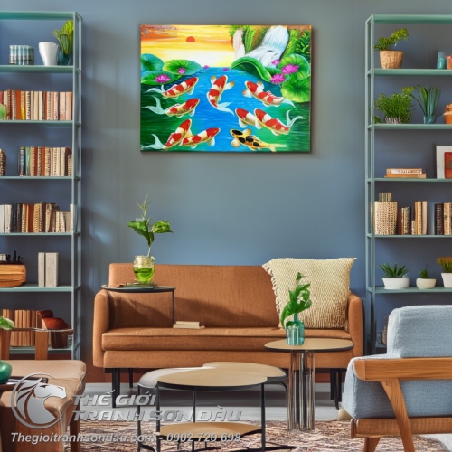Tranh Sơn Dầu Phong Thủy Cá Chép Bơi Lên Mặt Trời