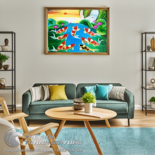 Tranh Sơn Dầu Phong Thủy Cá Chép Bơi Lên Mặt Trời