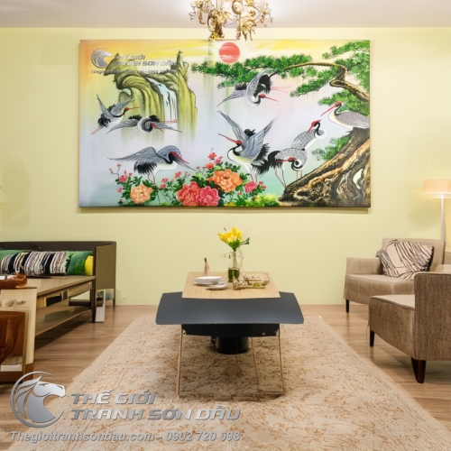Tranh Sơn Dầu Phong Thủy Cây Tùng và Tám Con Hạc