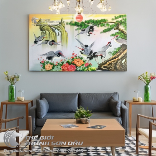 Tranh Sơn Dầu Phong Thủy Cây Tùng và Tám Con Hạc