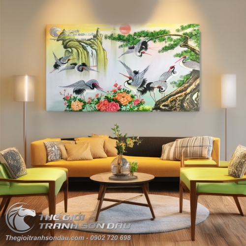 Tranh Sơn Dầu Phong Thủy Cây Tùng và Tám Con Hạc
