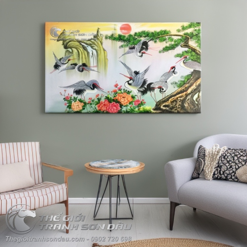 Tranh Sơn Dầu Phong Thủy Cây Tùng và Tám Con Hạc