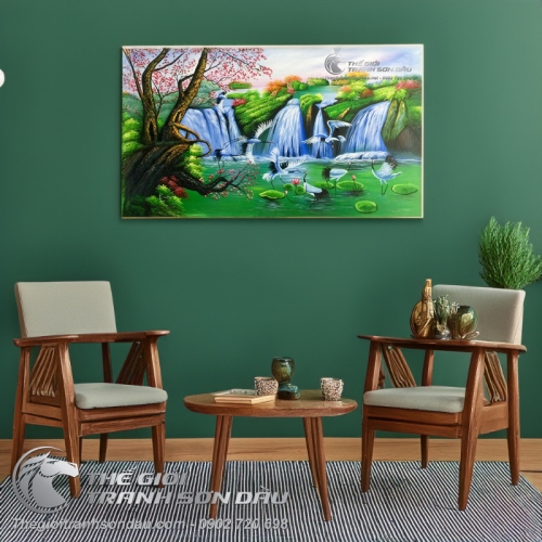 Tranh Sơn Dầu Phong Thủy Chim Hạc và Thác Nước