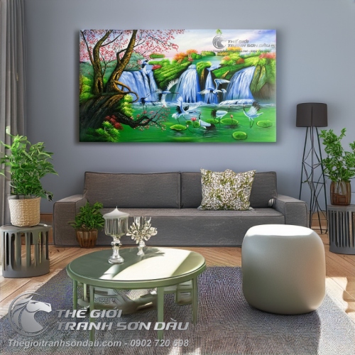 Tranh Sơn Dầu Phong Thủy Chim Hạc và Thác Nước