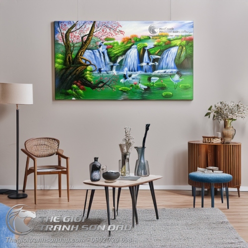 Tranh Sơn Dầu Phong Thủy Chim Hạc và Thác Nước