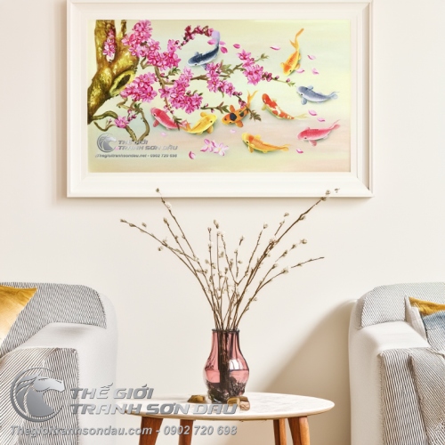 Tranh Sơn Dầu Phong Thủy Chín Con Cá Chép Và Hoa Lan