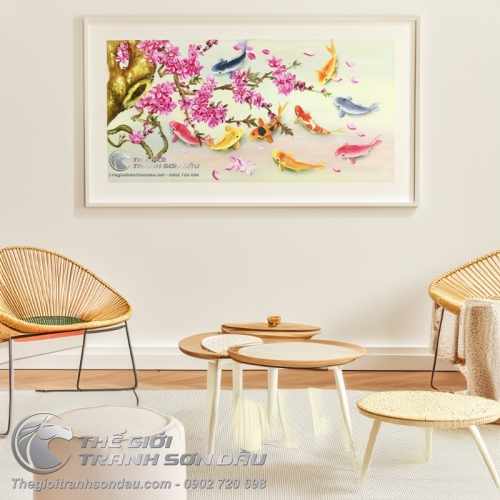 Tranh Sơn Dầu Phong Thủy Chín Con Cá Chép Và Hoa Lan