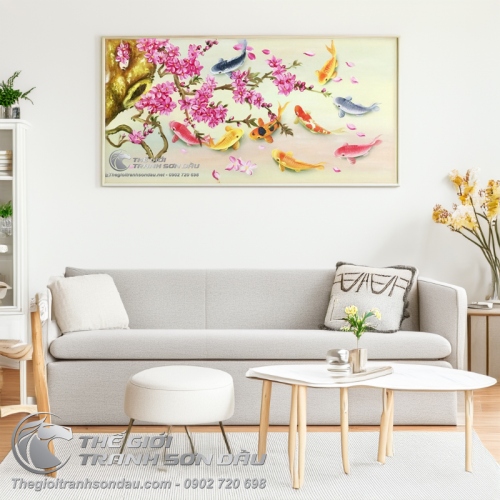 Tranh Sơn Dầu Phong Thủy Chín Con Cá Chép Và Hoa Lan