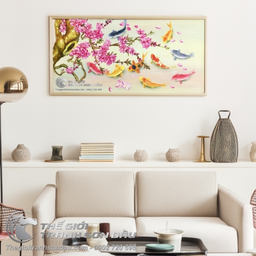 Tranh Sơn Dầu Phong Thủy Chín Con Cá Chép Và Hoa Lan
