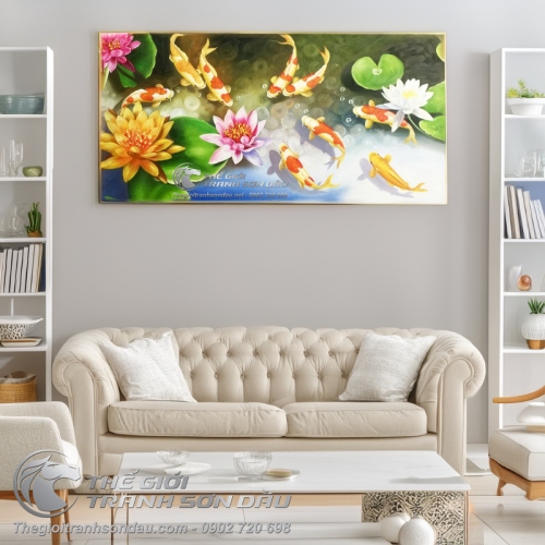 Tranh Sơn Dầu Phong Thủy Chín Con Cá Chép Và Hoa Súng