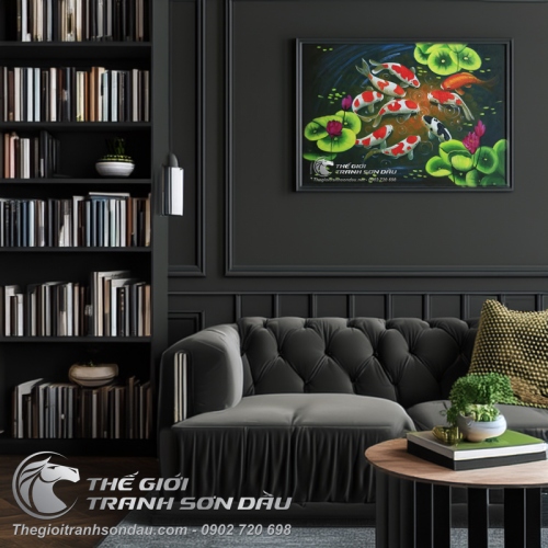 Tranh Sơn Dầu Phong Thủy Cửu Ngư Quần Hội Khung Nâu