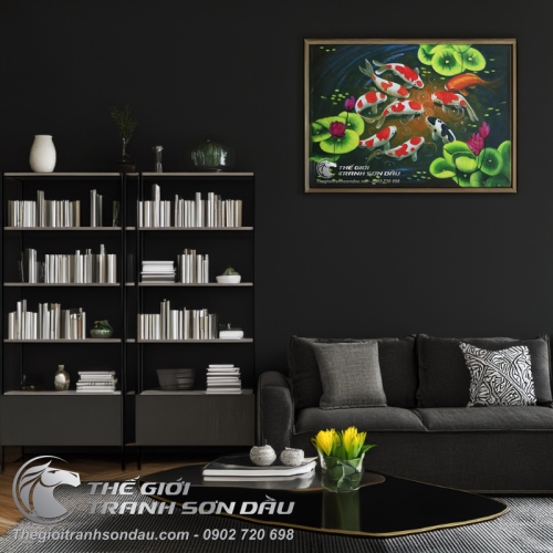 Tranh Sơn Dầu Phong Thủy Cửu Ngư Quần Hội Khung Nâu