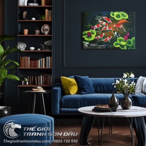 Tranh Sơn Dầu Phong Thủy Cửu Ngư Quần Hội Khung Nâu