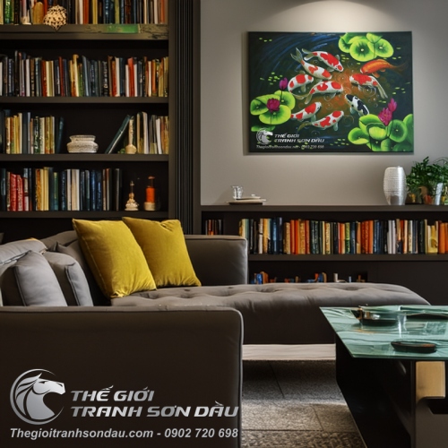 Tranh Sơn Dầu Phong Thủy Cửu Ngư Quần Hội Khung Nâu