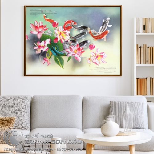 Tranh Sơn Dầu Phong Thủy Cửu Ngư và Hoa Sen