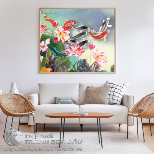 Tranh Sơn Dầu Phong Thủy Cửu Ngư và Hoa Sen