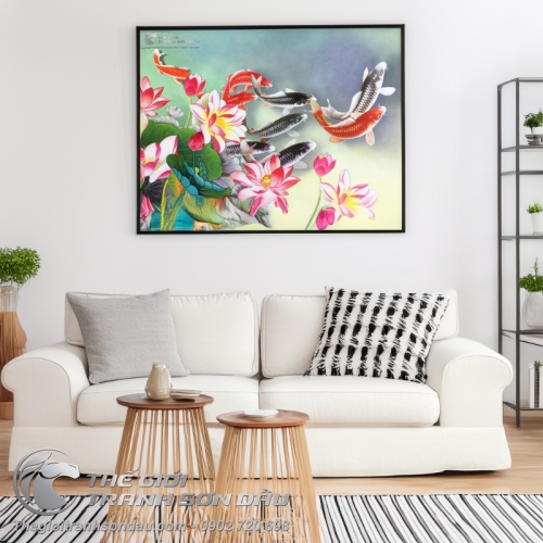 Tranh Sơn Dầu Phong Thủy Cửu Ngư và Hoa Sen