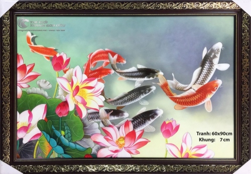 Tranh Sơn Dầu Phong Thủy Cửu Ngư và Hoa Sen