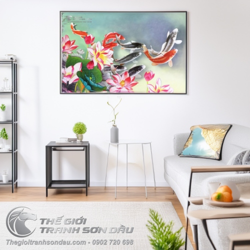 Tranh Sơn Dầu Phong Thủy Cửu Ngư và Hoa Sen