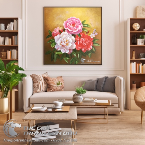 Tranh Sơn Dầu Phong Thủy Hoa Mẫu Đơn Sang Trọng